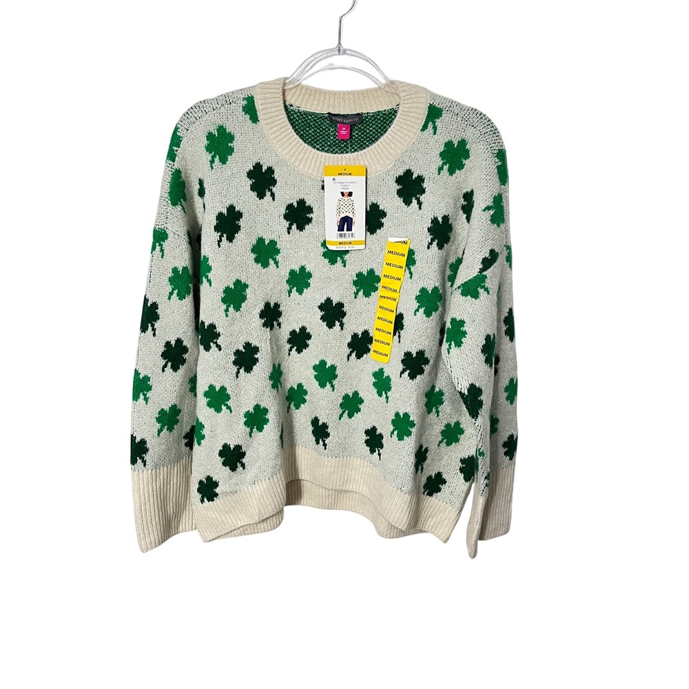 Vince Camuto St. Paddy's Day Sweater Womens Medium Cream‎ Green Shamrock Clover